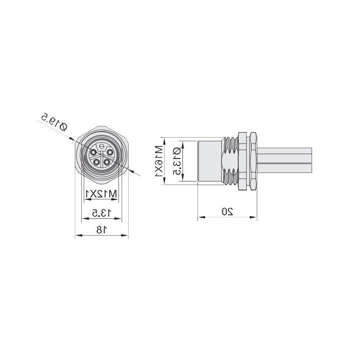 M12 5Pin L-coded、母头直型、法兰插座、板后安装、预铸UL电子线、64LB01-XXX