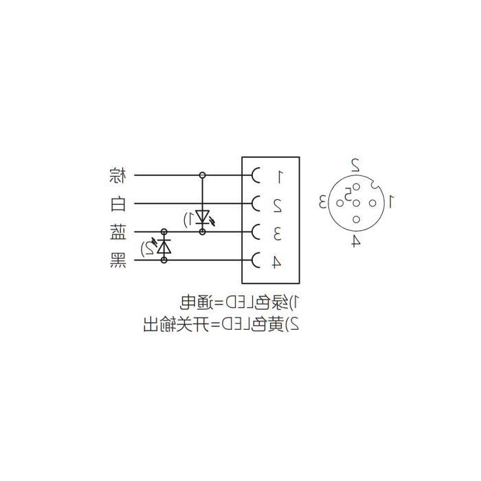 M12 3Pin、公头直型、带LED灯、单端预铸电缆、防焊渣PUR材质、黄色护套、64T033-XXX